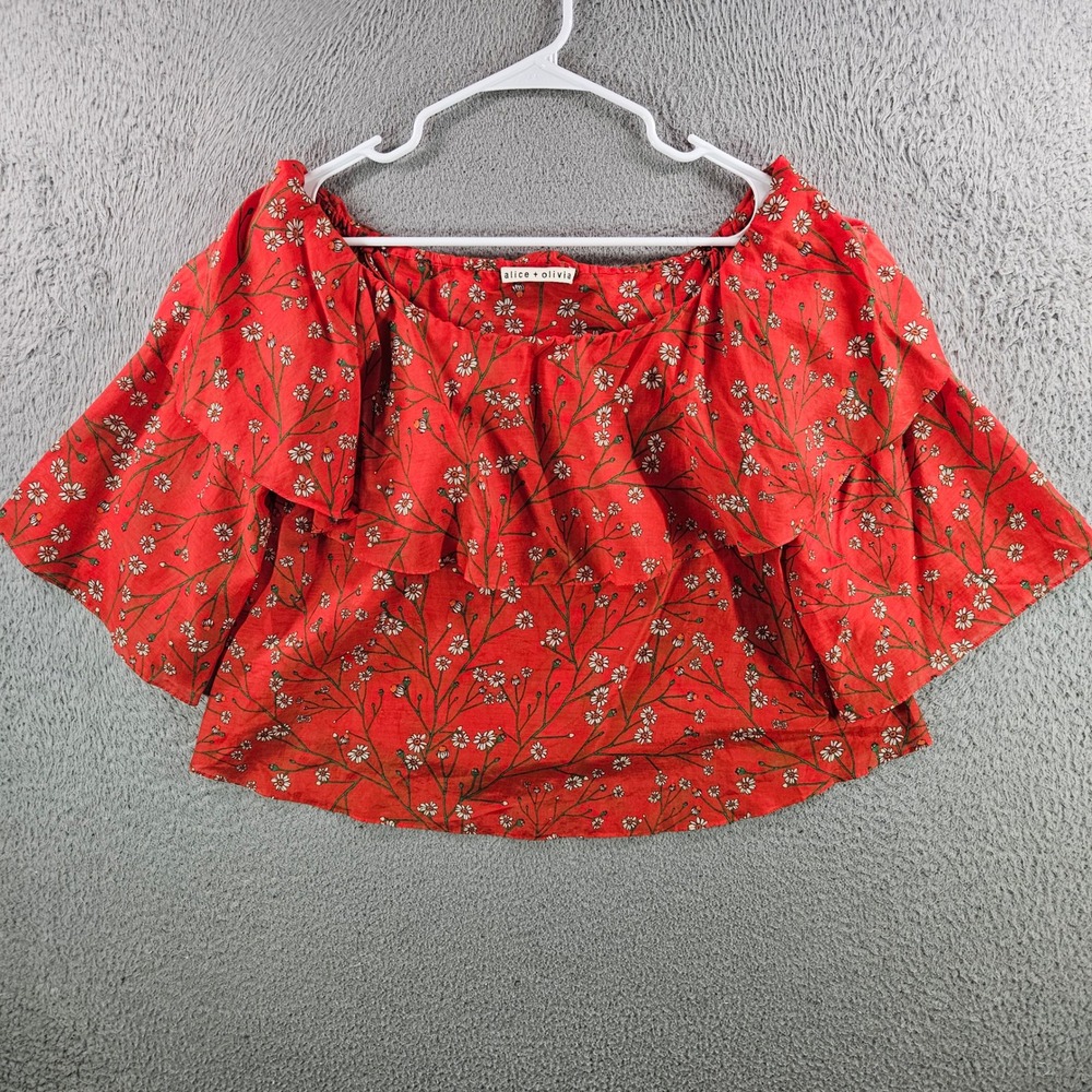 Alice + Olivia Red Floral Silk Cotton Off Shoulder Ruffle Crop Top Size S